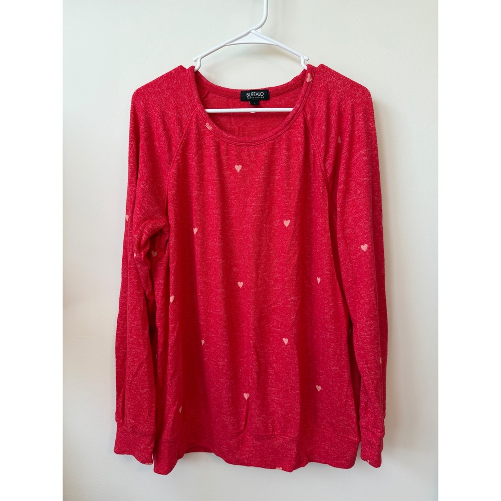 Buffalo David Bitton Womens Red Heart Print Raglan Long Sleeve Pullover Top L